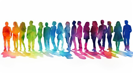Beautiful image of a group of people silhouettes standing, drawn in the style of colorful watercolors. Generative AI