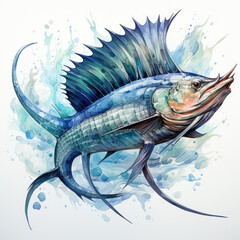 watercolor Swordfish dragon full clipart, Generative Ai - obrazy, fototapety, plakaty
