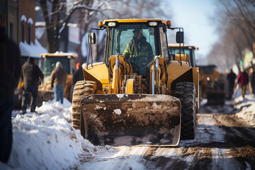 formidable machinery of a snow removal tractor takes center stage on the bustling city streets - obrazy, fototapety, plakaty