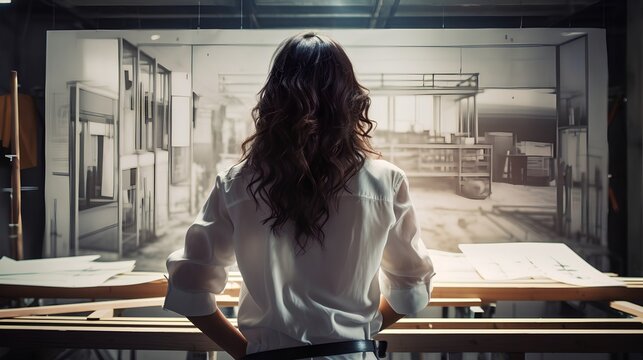 Professional female architect in work process. Drawing building design and preparing construction documents. Strong leader and talented woman with successful career in the maledominated architecture.