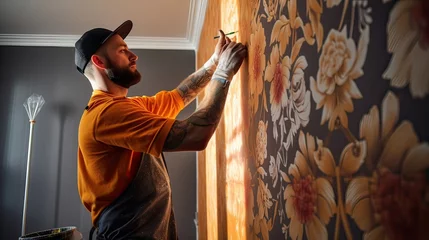 Deurstickers Precise, skilled, interior renovation, home decor, craftsmanship, expert, patterned design, wallpaper application, attention to detail, home improvement, flawless, decorating. Generated by AI © Кирилл Макаров