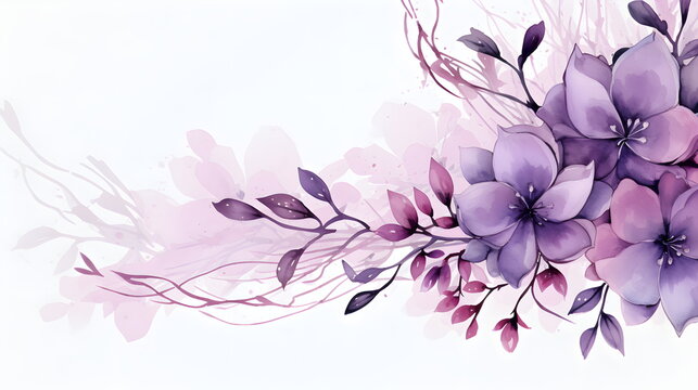 a painting of purple flowers on a white background. Abstract Violet foliage background with negative space for copy.