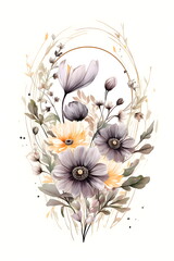 a drawing of a bouquet of flowers on a white background. Abstract Gray foliage background with negative space for copy.