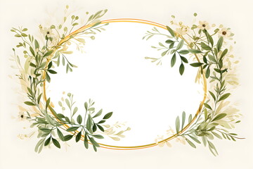 a round frame with green leaves and flowers. Abstract Olive color foliage background with negative space for copy.