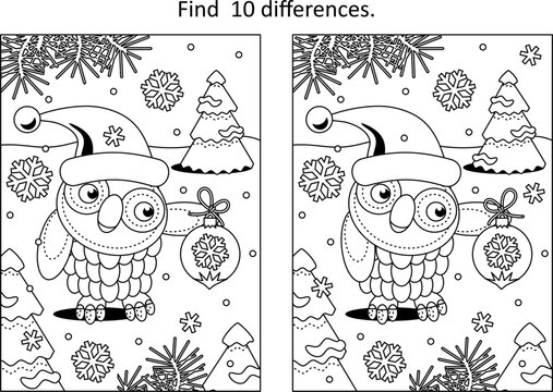 Difference game or picture puzzle and coloring page with cheerful owl wearing santa cap and holding christmas tree ornament

