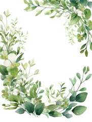 a watercolor painting of green leaves and flowers. Abstract Green foliage background with negative space for copy.