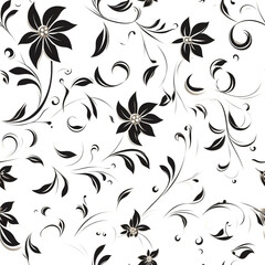 Vintage black flowers swirl on white background , flowing silhouettes