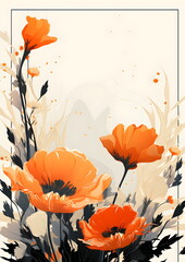 a painting of orange flowers with a white background. Abstract Orange foliage background with negative space for copy.