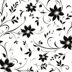 Vintage black flowers swirl on white background , flowing silhouettes