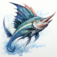 watercolor Swordfish dragon full clipart, Generative Ai