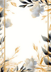 a white and gold floral background with a gold frame. Abstract Black foliage background with negative space for copy.