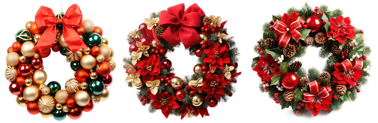 top view of decorative festive wreath with red and golden christmas decorations and christmas tree...