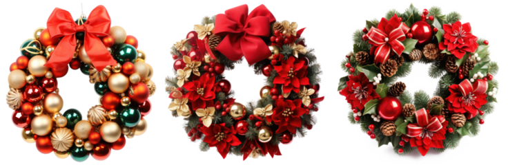 top view of decorative festive wreath with red and golden christmas decorations and christmas tree balls isolated on transparent