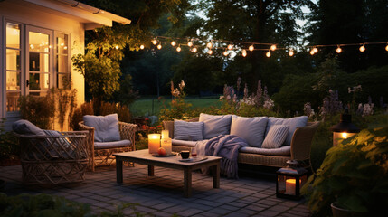 Fototapeta premium Summer evening on the patio of beautiful suburban house with wicker furniture lights and lanterns in the garden. Generative AI