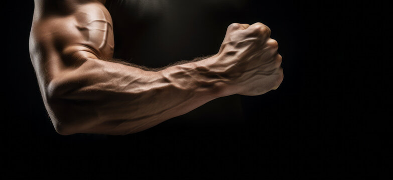 Fondo negro con brazo con m&uacute;sculo en el gimnasio.
