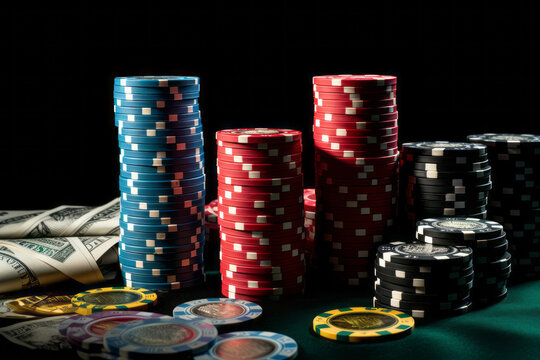 Fondo de fichas de p&oacute;ker en tapiz en fondo negro.