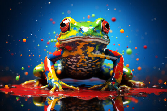 Rana de muchos colores salpicada con pintura.