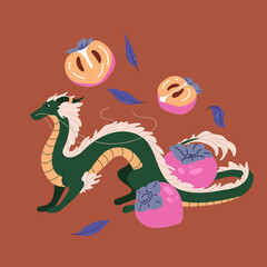 Big green chinese dragon with persimmon fruit and leaves in flat style. Traditional symbol of lunar 2024 New Year. Design for autumn harvest festival or korean Chuseok. Vector isolated illustration
