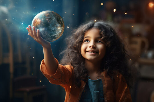 cute little girl child holding earth globe in hand