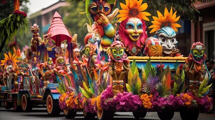 Festive parades with colorful floats and music create a dynamic atmosphere. Dynamic celebrations, lively processions, colorful floats, melodic rhythms, memorable moments. Generated by AI