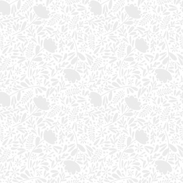 White floral texture, seamless vector pattern, lace inspired background with leaves and flovers