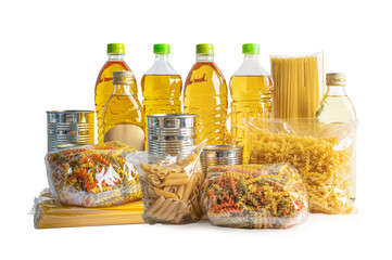 Foodstuff for donation, storage and delivery. Various food, pasta, cooking oil and canned food in cardboard box.