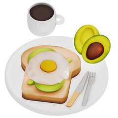 Egg with Avocado Toast and Black coffee For Breakfast 3D Isolated Illustration . 3D rendering