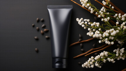 Monochrome Elegance: Top View of Black Blank Beauty Tube of Cream on a Black Wall Background, Amidst White Flowers 