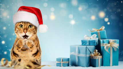 Bengal cat wearing Santa hat, Christmas concept