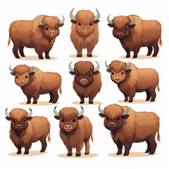 Set of different bison. Vector illustration isolated on white background.