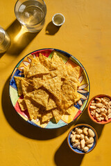 tacos, peanuts, walnuts, peanuts, snack. Top view.