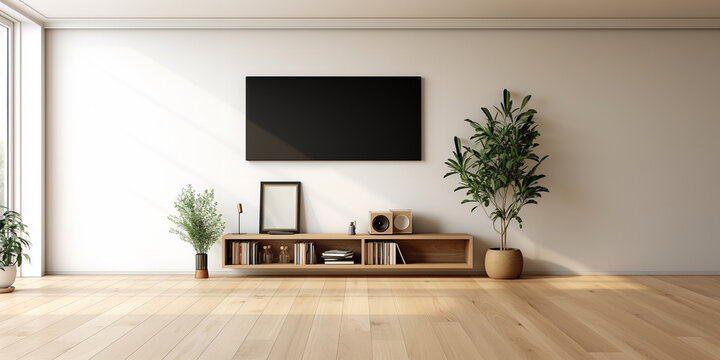 Modern interior design of apartment, empty living room with white wall and wooden floor. Wooden long and low shelf filled with vinyl record, book, some interior plant and various size of picture frame