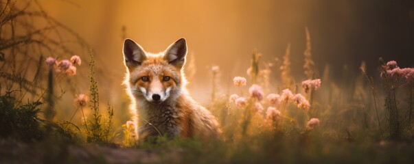 Cute red fox sitting on autumn field with wildflowers. Beautiful vulpes vulpes animal in the nature habitat. Wildlife scene from the wild nature. Wallpaper, beautiful fall background
