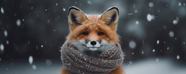 Fototapeta premium Cute fluffy red fox in warm knitted scarf. Banner with funny wild beautiful forest animal with fallen snow. Winter design for card and print. Christmas and New year concept