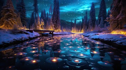Magic of holiday lights reflected in icy ponds, shimmering beauty, and the joy of the festive season. Winter reflections, tranquil charm. Generated by AI