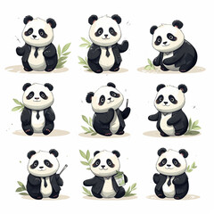Cute panda cartoon character set with green leaves. Vector illustration