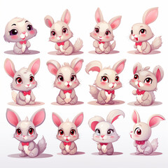 Cute rabbit cartoon character with different poses and expressions. Vector illustration.