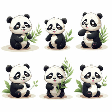 Cute panda cartoon character set with green leaves. Vector illustration