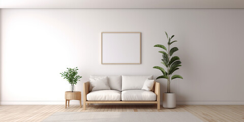 Modern minimal scandinavian style living room with white wall and wooden floor, and wooden long sofa and minimal wooden coffee table, interior plant and empty large picture frame. - obrazy, fototapety, plakaty