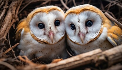 Two beautiful white barn owl eagle bird. Wildlife scene from zoo. Banner with closeup fantasy portrait of wild tyto alba. Beautiful bird in national park. Wallpaper, beautiful background