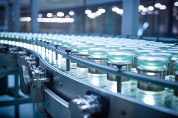 Natural lighting of vaccine Mass Production on automatic conveyor belt in modern production factory. Medical concept of research and production. - obrazy, fototapety, plakaty