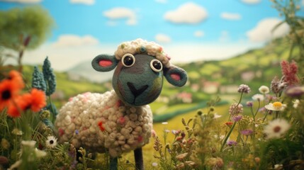 Super duper cute sheep toy in a spring season flower meadow on a green grass hill, made from fluffy and cuddly wool felt, wholesome pastoral cartoon cuteness.