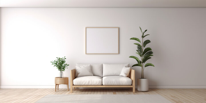 Modern minimal scandinavian style living room with white wall and wooden floor, and wooden long sofa and minimal wooden coffee table, interior plant and empty large picture frame.