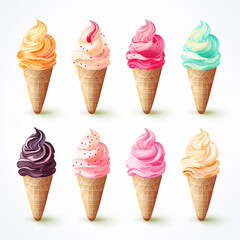 Set of ice creams in waffle cones. Vector illustration.
