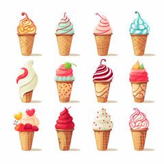 Set of ice creams in waffle cones. Vector illustration.