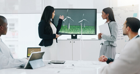 Business woman, presentation and wind turbine for eco friendly, sustainability and renewable energy...