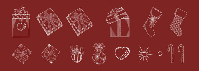 New Year's vector set with white linear gifts, balloons, sweets, stars on a red background