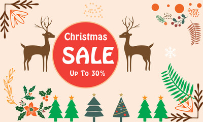 Obraz na płótnie Canvas Merry Christmas sale banner template. Merry Christmas sale promotion poster banner with product display and festive decoration background with x mas tree, deer, leave, snow 