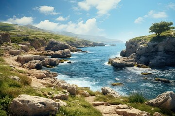 Fototapeta na wymiar Landscape with blue lagoon at Malta island. Generative ai art.