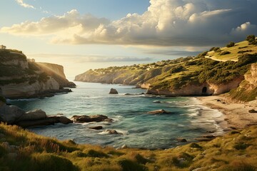 Obraz premium Landscape with blue lagoon at Malta island. Generative ai art.